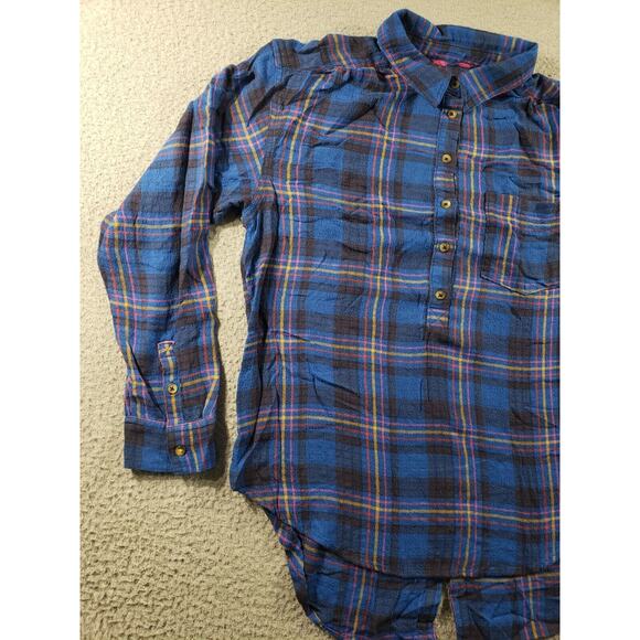Anthropologie Shirt Womens Medium Blue 1/2 Button Isadora Flannel Plaid Stretch - Picture 2 of 11